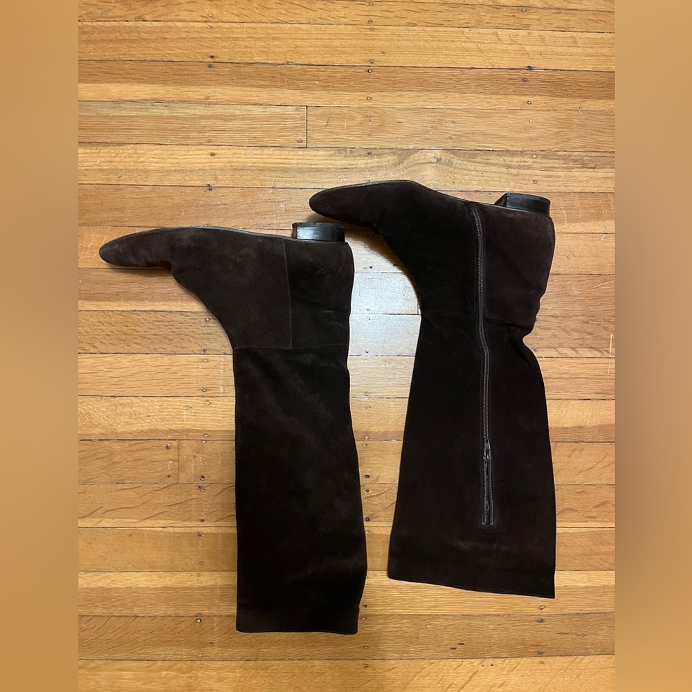 buttery Delman knee high boots chocolate brown suede 11 Spain flat minimalist